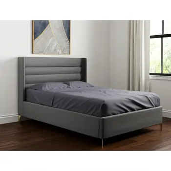 Gray Linen Upholstered Queen Bed Frame