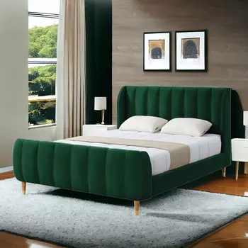 Hunter Green Solid Wood King Tufted Upholstered Velvet Bed Frame