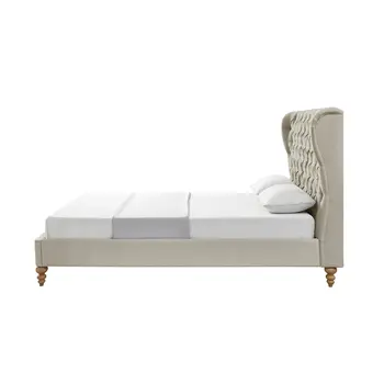 Beige Solid Wood Queen Tufted Upholstered Linen Bed