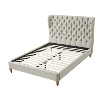 Beige Solid Wood Queen Tufted Upholstered Linen Bed