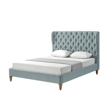 Blue Solid Wood King Tufted Upholstered Linen Bed