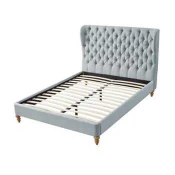 Blue Solid Wood King Tufted Upholstered Linen Bed