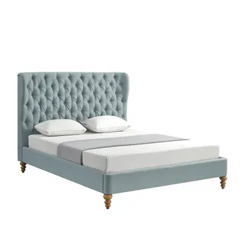 Blue Solid Wood King Tufted Upholstered Linen Bed