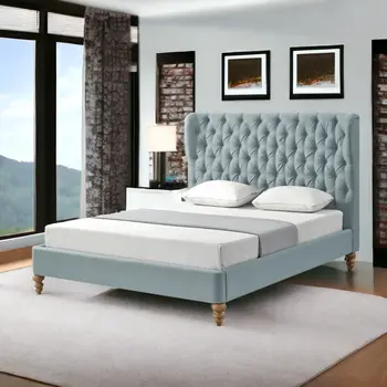 Blue Solid Wood King Tufted Upholstered Linen Bed