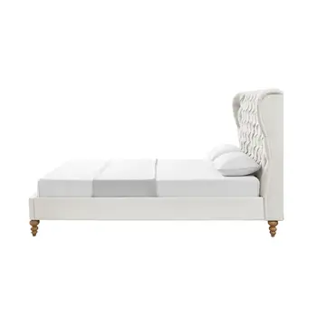 Cream Solid Wood Queen Tufted Upholstered Linen Bed