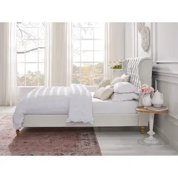 Cream Solid Wood Queen Tufted Upholstered Linen Bed