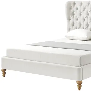 Cream Solid Wood Queen Tufted Upholstered Linen Bed