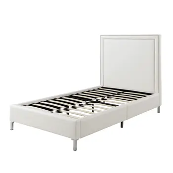 White Solid Wood Full Upholstered Faux Leather Bed with Nailhead Trim