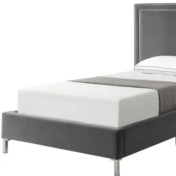 Gray Solid Wood Full Upholstered Velvet Bed with Nailhead Trim
