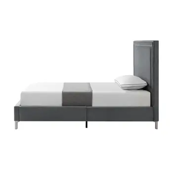 Gray Solid Wood Full Upholstered Velvet Bed with Nailhead Trim