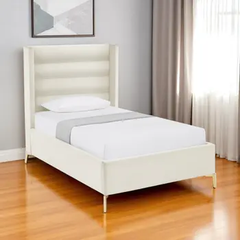 Cream Velvet Upholstered Full Bed Frame