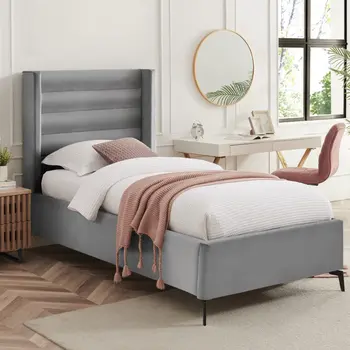 Light Gray Velvet Upholstered Full Bed Frame