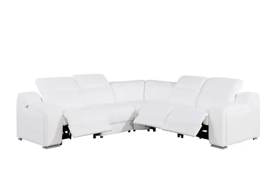 White Italian Leather Power Reclining L Shaped Five Piece Corner Sectional