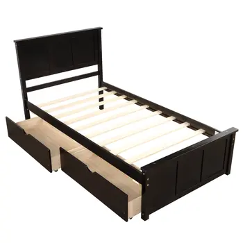 Espresso Inlaid Panels Wood Twin Bed Frame With Two Drawers