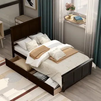 Espresso Inlaid Panels Wood Twin Bed Frame With Two Drawers