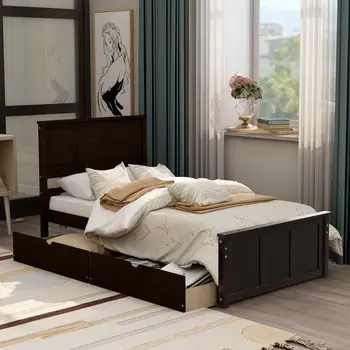 Espresso Inlaid Panels Wood Twin Bed Frame With Two Drawers