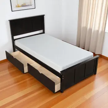 Espresso Inlaid Panels Wood Twin Bed Frame With Two Drawers