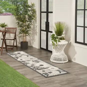 8' Beige And Gray Floral Indoor Outdoor Runner Rug