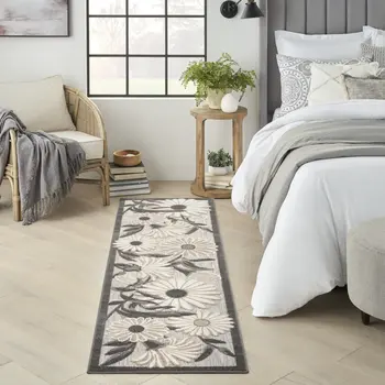 8' Beige And Gray Floral Indoor Outdoor Runner Rug