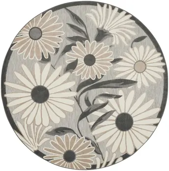 5' Beige And Gray Round Floral Indoor Outdoor Area Rug
