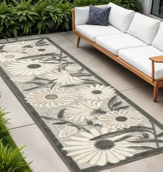 12' Beige And Charcoal Floral Indoor Outdoor Runner Rug