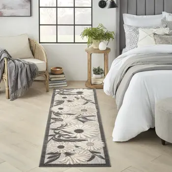 12' Beige And Charcoal Floral Indoor Outdoor Runner Rug