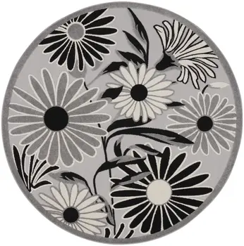 5' Black And White Round Floral Indoor Outdoor Area Rug