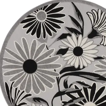 5' Black And White Round Floral Indoor Outdoor Area Rug