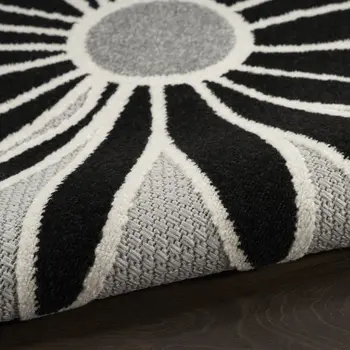 5' Black And White Round Floral Indoor Outdoor Area Rug