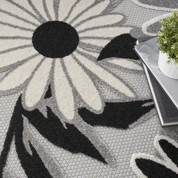 5' Black And White Round Floral Indoor Outdoor Area Rug