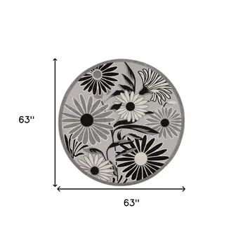 5' Black And White Round Floral Indoor Outdoor Area Rug