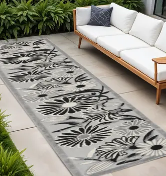 12' Black And White Floral Indoor Outdoor Runner Rug
