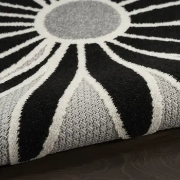 12' Black And White Floral Indoor Outdoor Runner Rug