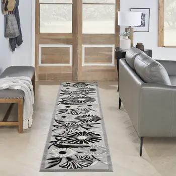 12' Black And White Floral Indoor Outdoor Runner Rug