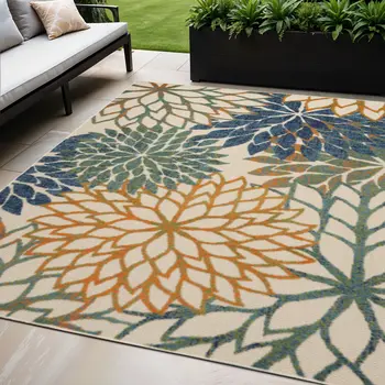 5' X 8' Blue And Green Floral Indoor Outdoor Area Rug