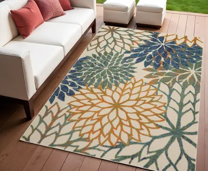 4' X 6' Blue And Green Floral Indoor Outdoor Area Rug