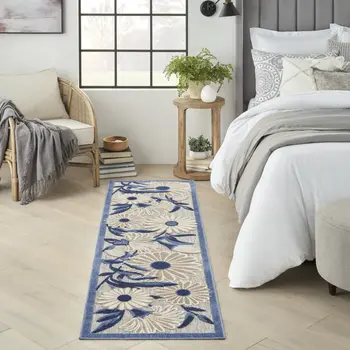 8' Blue And Gray Floral Indoor Outdoor Runner Rug