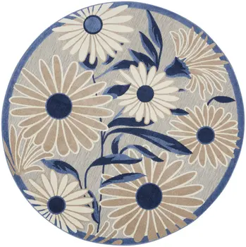 5' Blue And Gray Round Floral Indoor Outdoor Area Rug