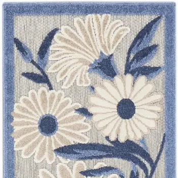12' Blue And Gray Floral Indoor Outdoor Runner Rug