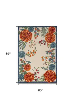 5' X 8' Ivory Blue Orange And Green Floral Indoor Outdoor Area Rug