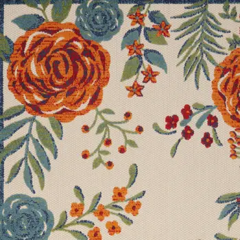 5' X 8' Ivory Blue Orange And Green Floral Indoor Outdoor Area Rug