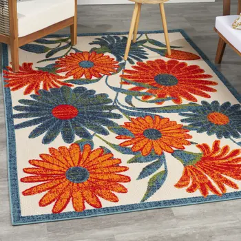 4' X 6' Ivory Blue Orange And Green Floral Indoor Outdoor Area Rug
