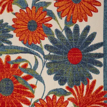 4' X 6' Ivory Blue Orange And Green Floral Indoor Outdoor Area Rug