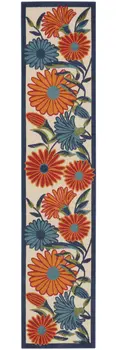 8' Ivory Blue And Orange Floral Indoor Outdoor Runner Rug