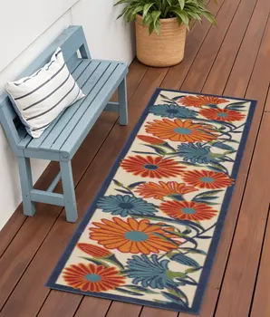6' Ivory Blue And Orange Floral Indoor Outdoor Runner Rug
