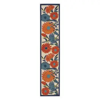 6' Ivory Blue And Orange Floral Indoor Outdoor Runner Rug
