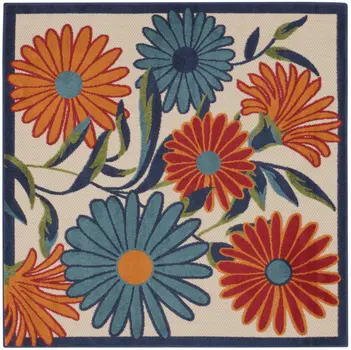 5' Ivory Blue And Orange Square Floral Indoor Outdoor Area Rug