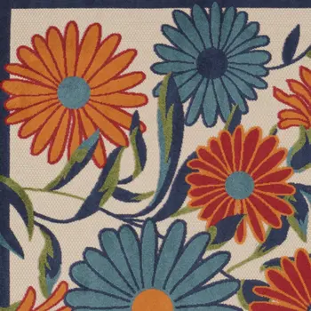 5' Ivory Blue And Orange Square Floral Indoor Outdoor Area Rug
