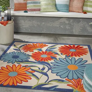 5' Ivory Blue And Orange Square Floral Indoor Outdoor Area Rug