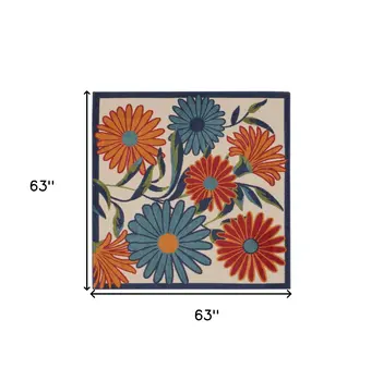 5' Ivory Blue And Orange Square Floral Indoor Outdoor Area Rug